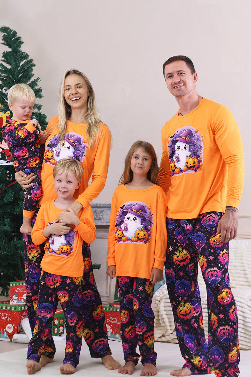Orange Tryckt Långärmad Familj Halloween Pyjamas