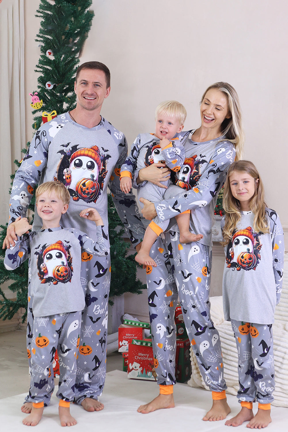Grå Tryckt Långärmad Familj Halloween Pyjamas