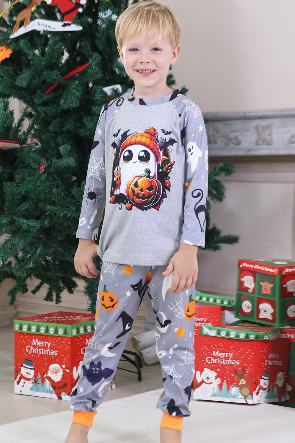 Grå Tryckt Långärmad Familj Halloween Pyjamas