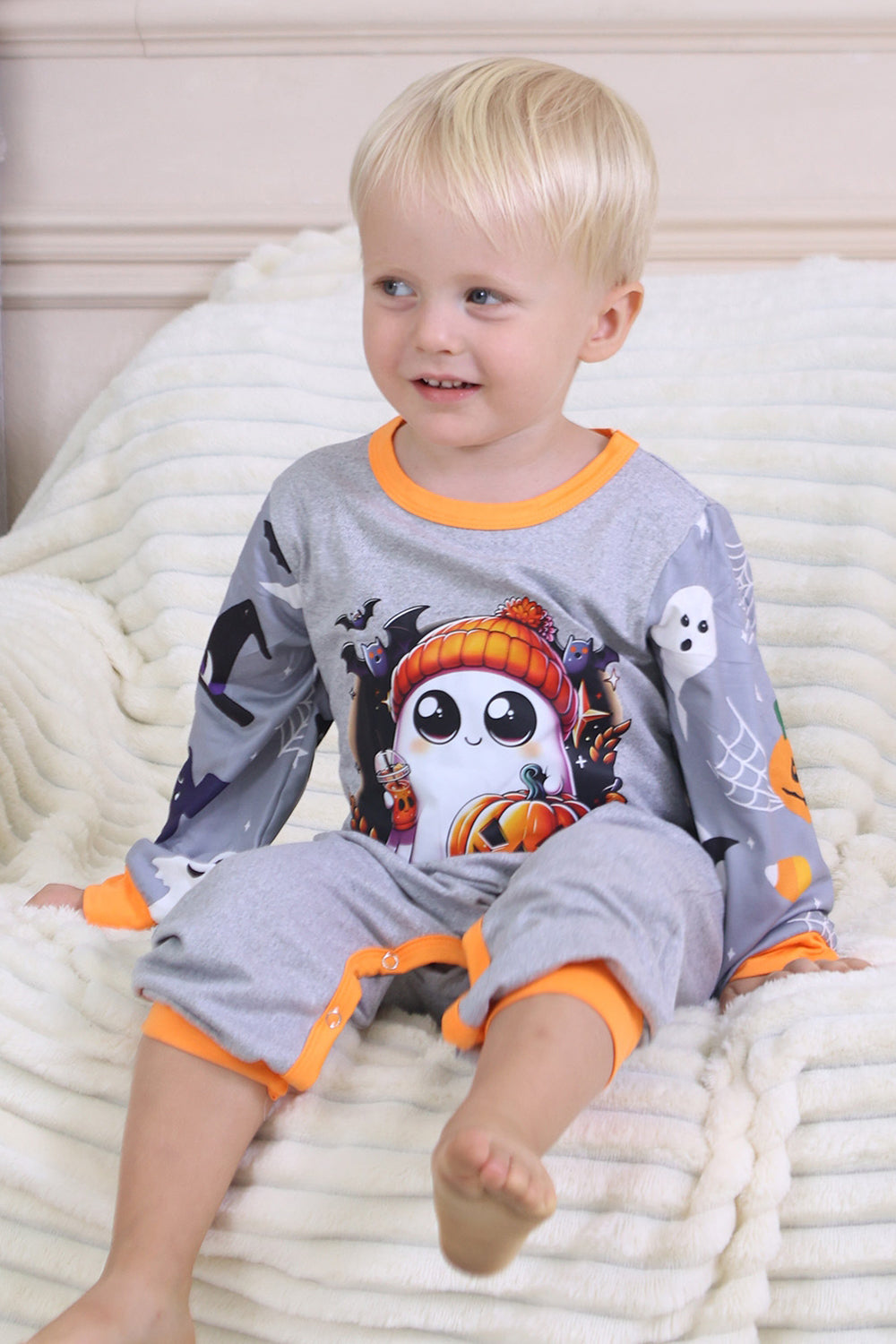 Grå Tryckt Långärmad Familj Halloween Pyjamas
