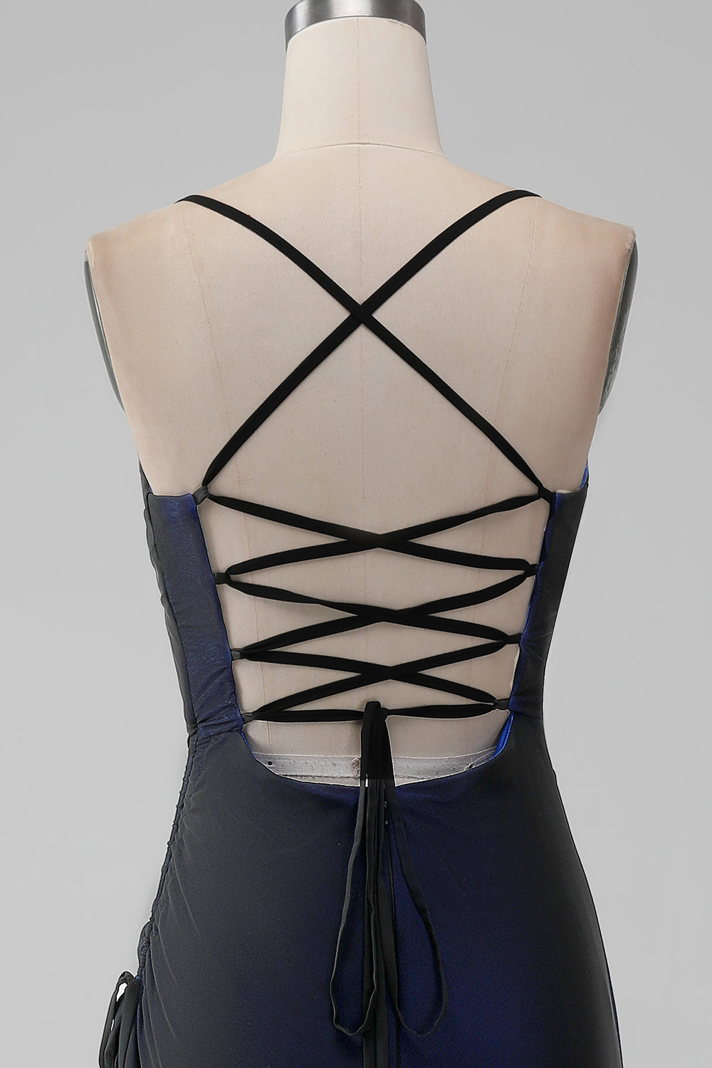 Tillbaka Blå sjöjungfru Spaghetti Remmar Lång Brudtärneklänning med Slits