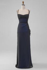 Svart Blå Spaghetti Straps Mermaid Plisserad Lång Balklänning med Slits