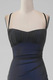 Svart Blå Spaghetti Straps Mermaid Plisserad Lång Balklänning med Slits