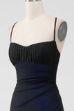 Svart Blå Spaghetti Straps Mermaid Plisserad Lång Balklänning med Slits