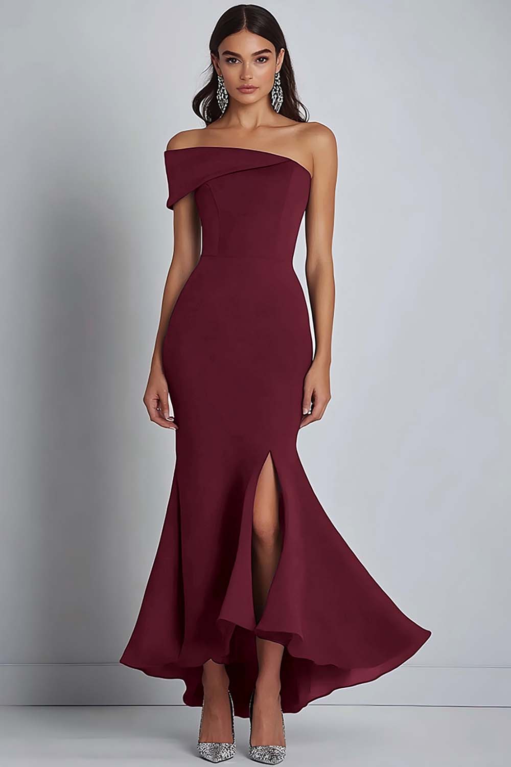 Navy Crepe One Shoulder Sheath Formell Klänning med slits
