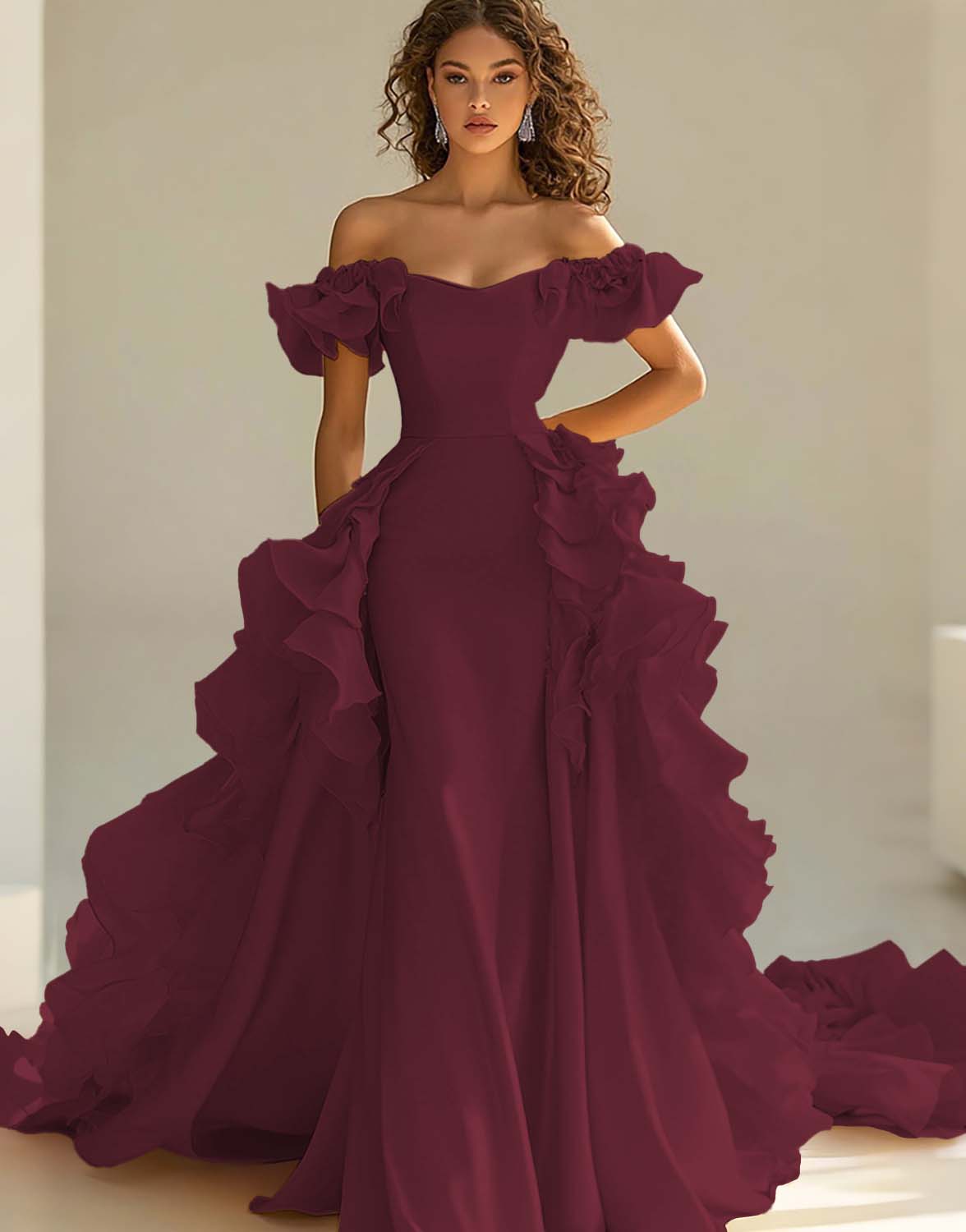 Gul Off The Shoulder Sjöjungfru Ruffles Satin Prom Klänning