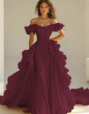 Gul Off The Shoulder Sjöjungfru Ruffles Satin Prom Klänning