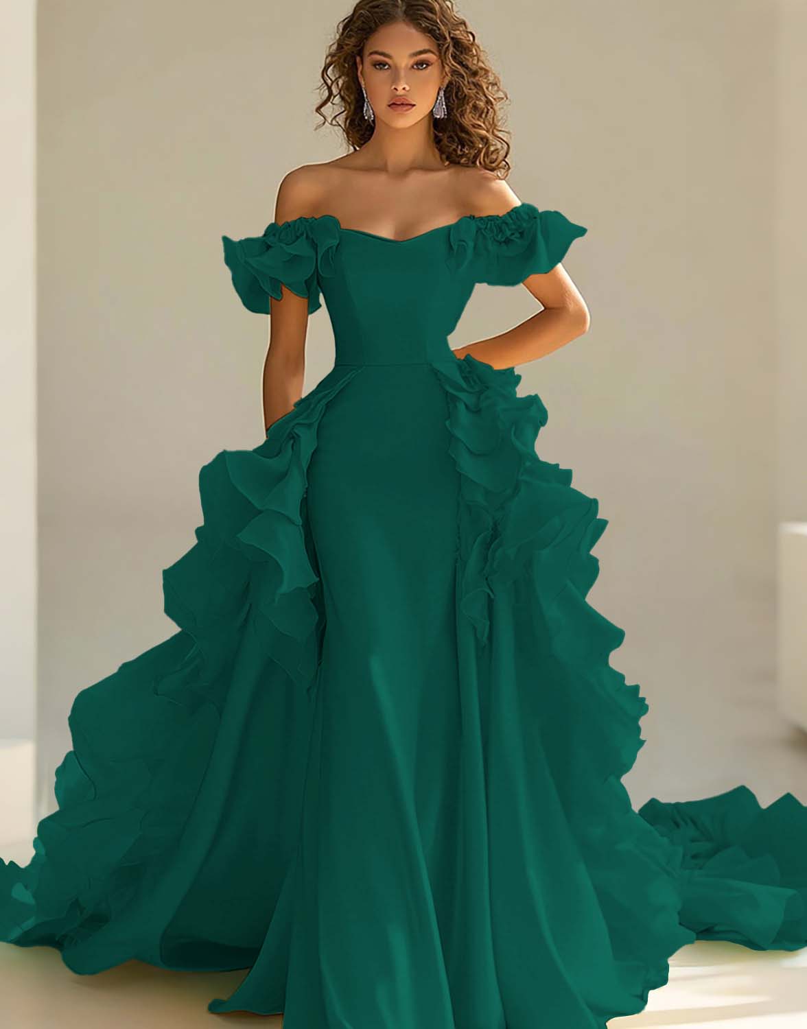 Gul Off The Shoulder Sjöjungfru Ruffles Satin Prom Klänning