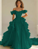 Gul Off The Shoulder Sjöjungfru Ruffles Satin Prom Klänning