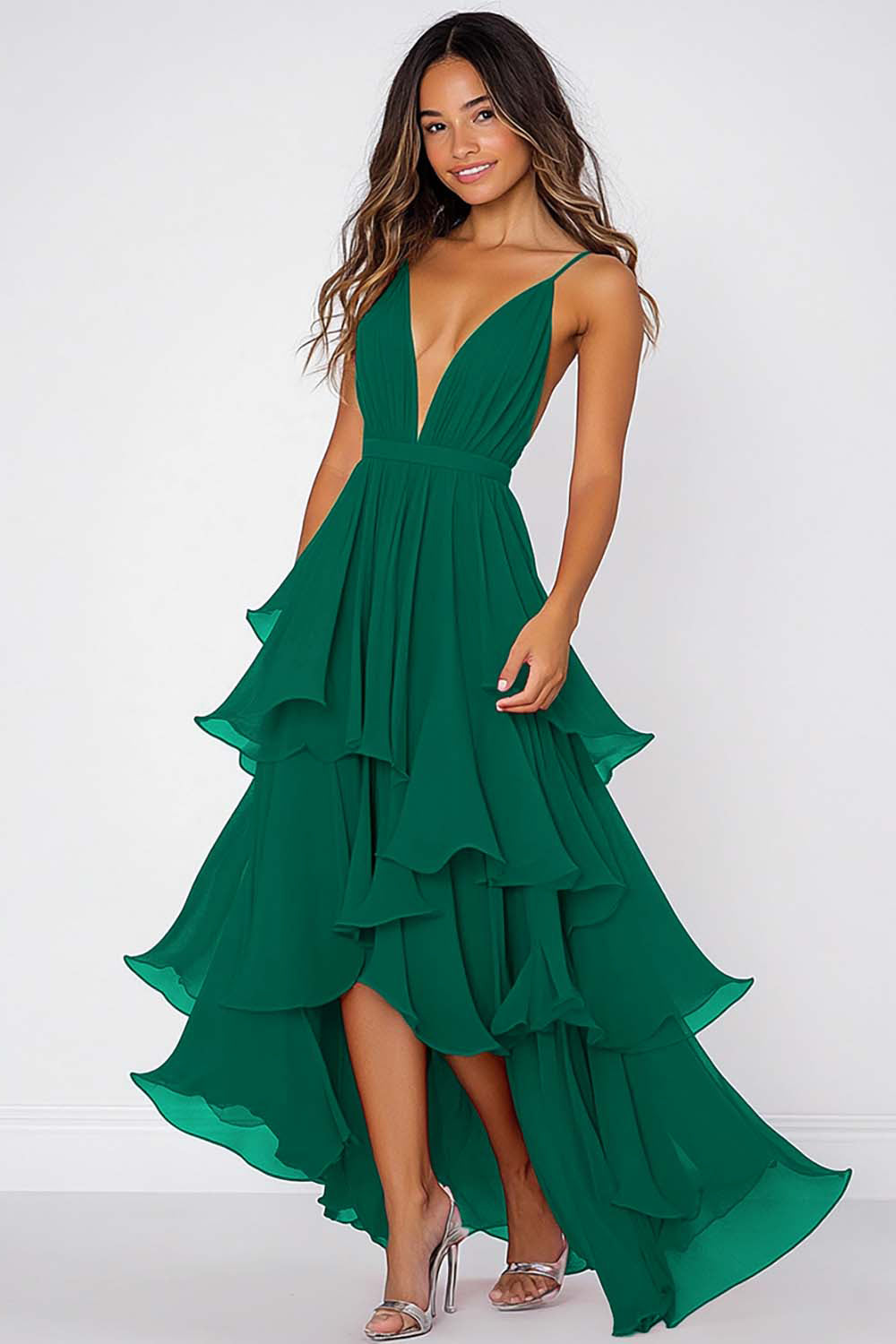 Volang Tiered Röd Chiffong Spaghetti Straps Formell Klänning