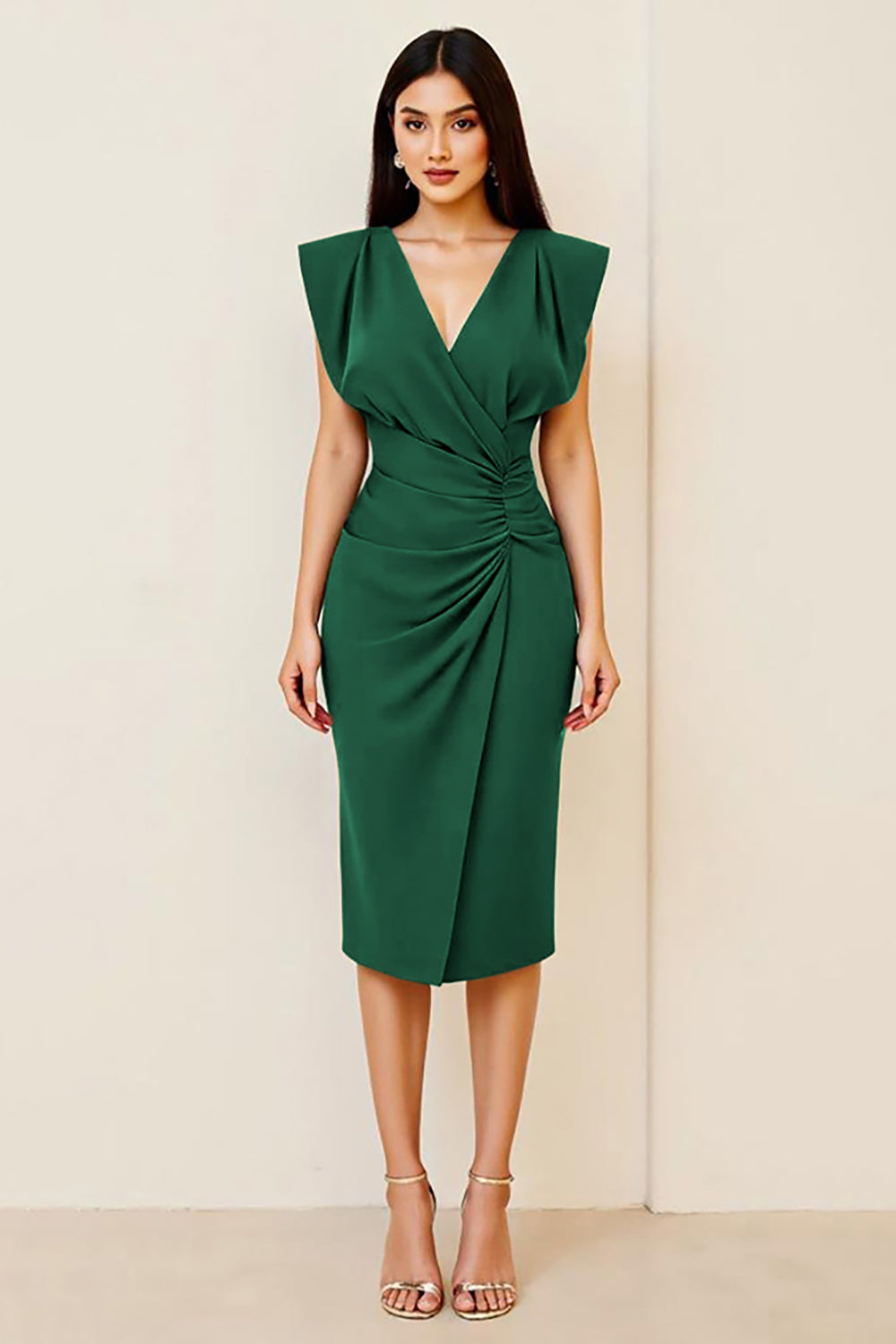 Oliv Rynkad Bodycon V-ringad Midi Formell Klänning