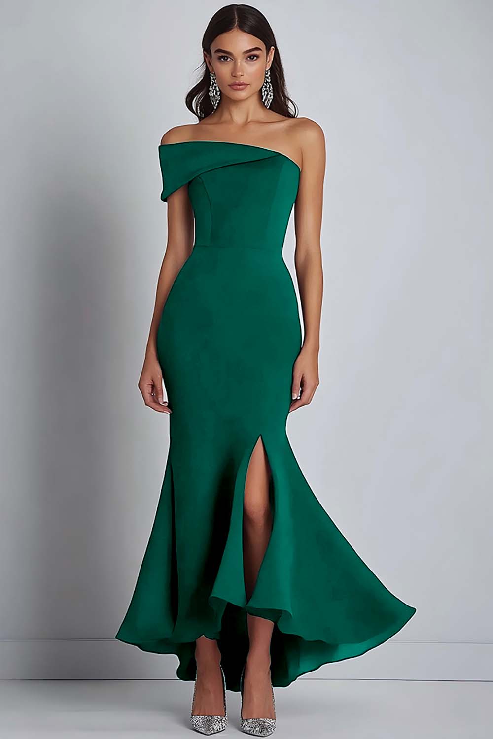 Navy Crepe One Shoulder Sheath Formell Klänning med slits
