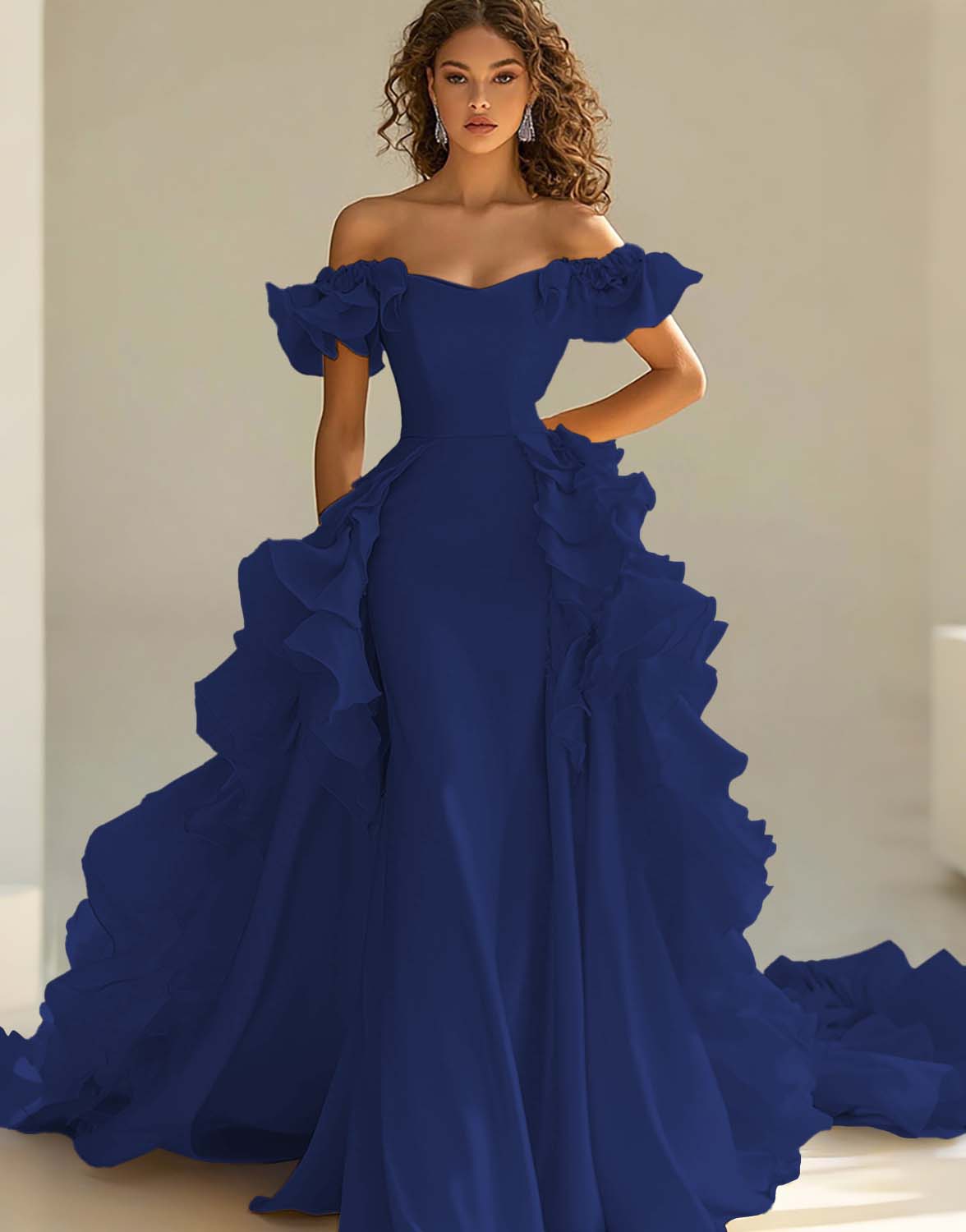 Gul Off The Shoulder Sjöjungfru Ruffles Satin Prom Klänning