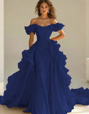 Gul Off The Shoulder Sjöjungfru Ruffles Satin Prom Klänning