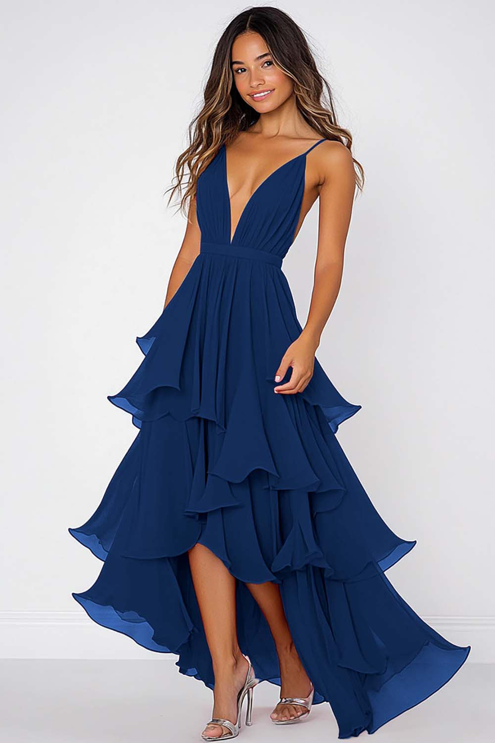 Volang Tiered Röd Chiffong Spaghetti Straps Formell Klänning