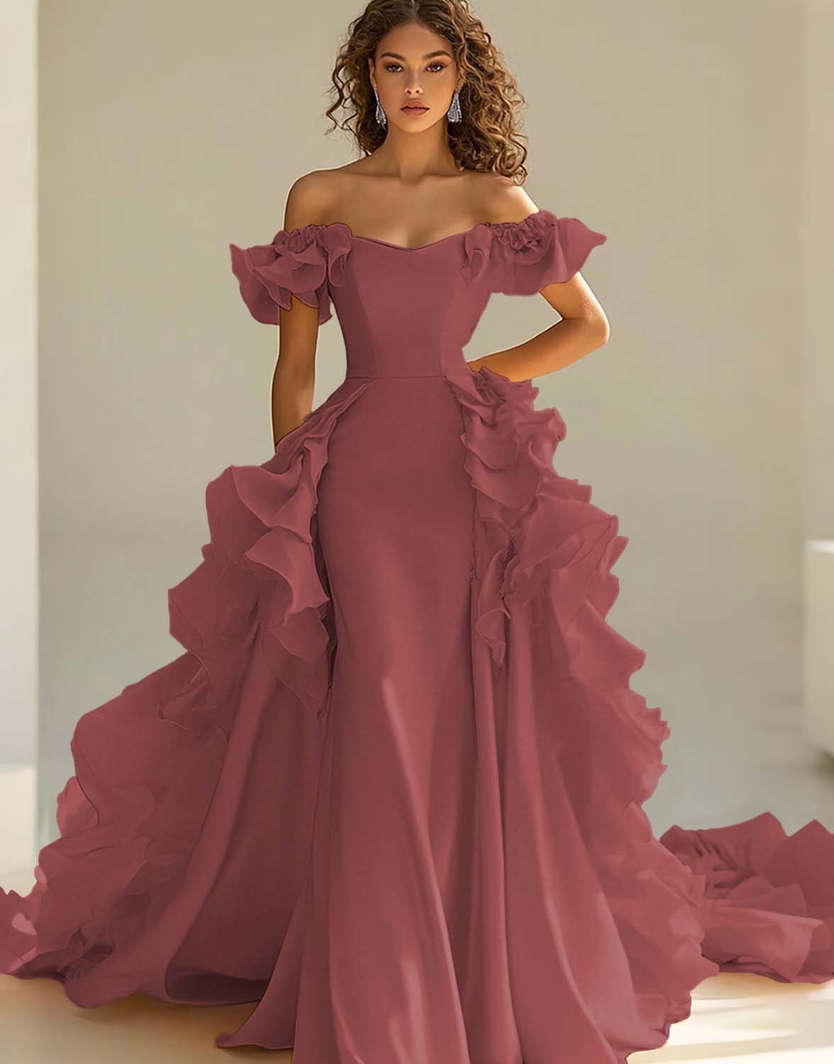 Gul Off The Shoulder Sjöjungfru Ruffles Satin Prom Klänning