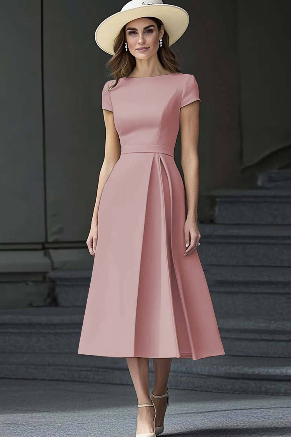 Påsklilja A Line Båt hals Vintage Satin Lång Arbetsklänning