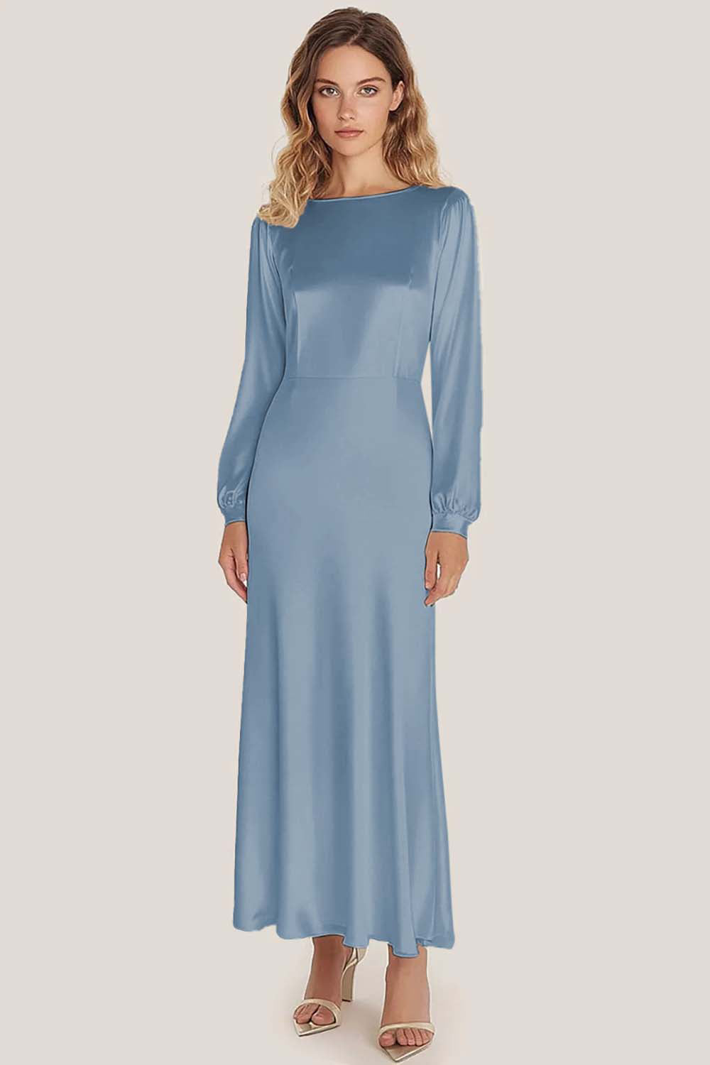 Elfenben Satin Scoop Neck A-linje Ankellång Formell Klänning med Långa ärmar