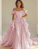 Gul Off The Shoulder Sjöjungfru Ruffles Satin Prom Klänning