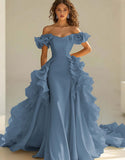 Gul Off The Shoulder Sjöjungfru Ruffles Satin Prom Klänning