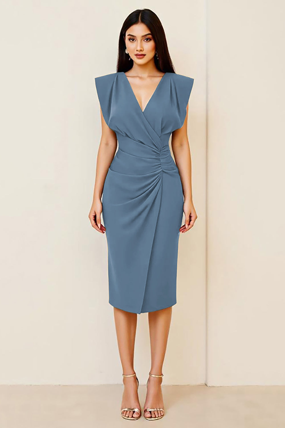 Oliv Rynkad Bodycon V-ringad Midi Formell Klänning