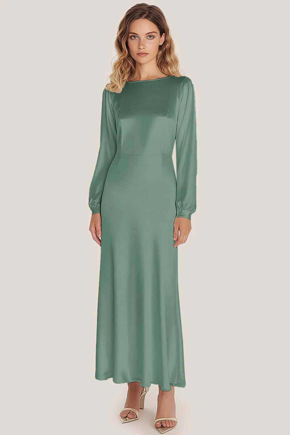 Elfenben Satin Scoop Neck A-linje Ankellång Formell Klänning med Långa ärmar