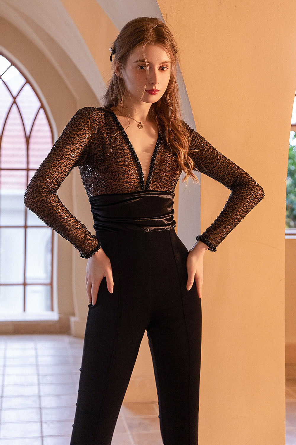 Svart V-ringad paljett Lång jumpsuit med långa ärmar
