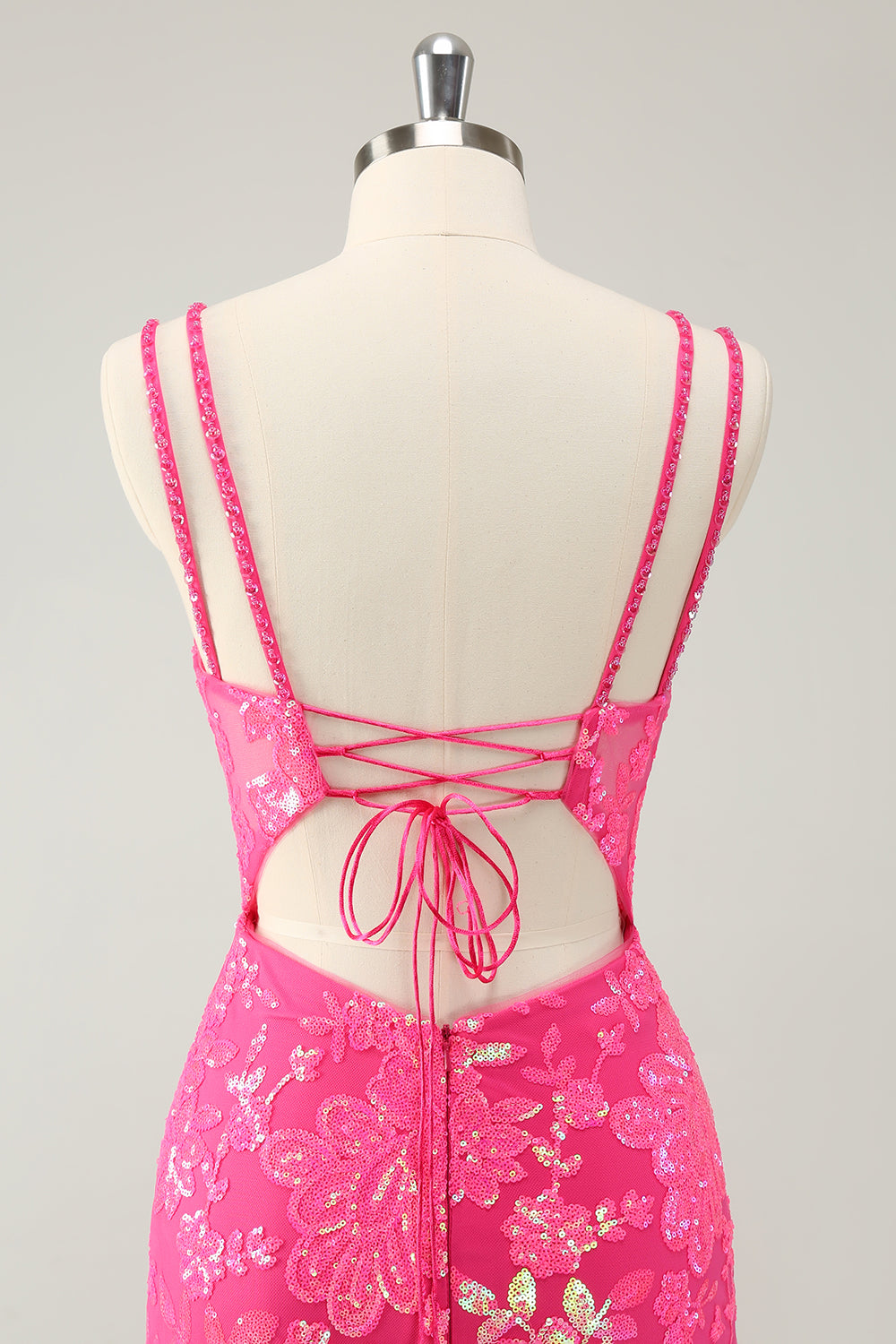Underbar Hot Pink Bodycon Lace Up Glittler Kort Homecoming Klänning med slits