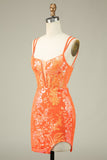 Underbar Hot Pink Bodycon Lace Up Glittler Kort Homecoming Klänning med slits