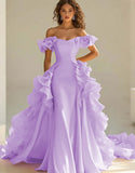 Gul Off The Shoulder Sjöjungfru Ruffles Satin Prom Klänning