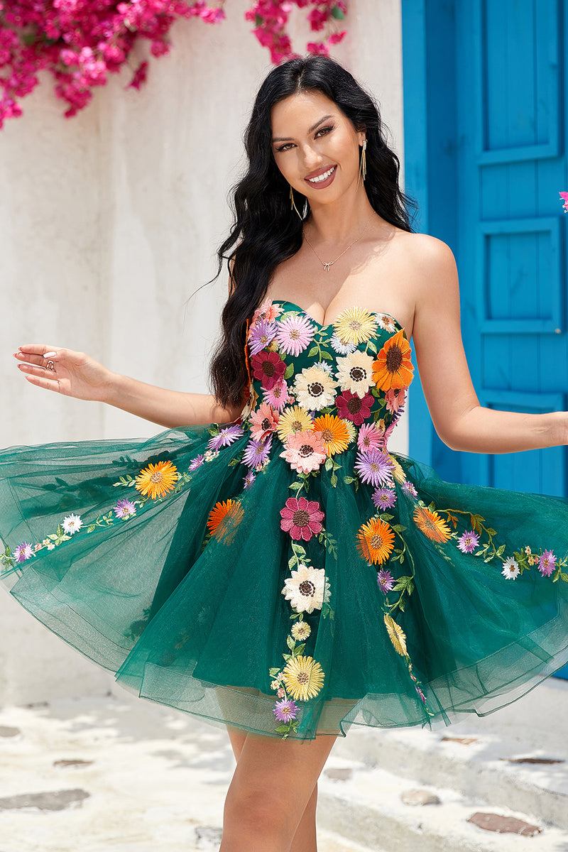 Ljusgrön Axelbandslös Hemkomstklänning Med 3D-Blommor