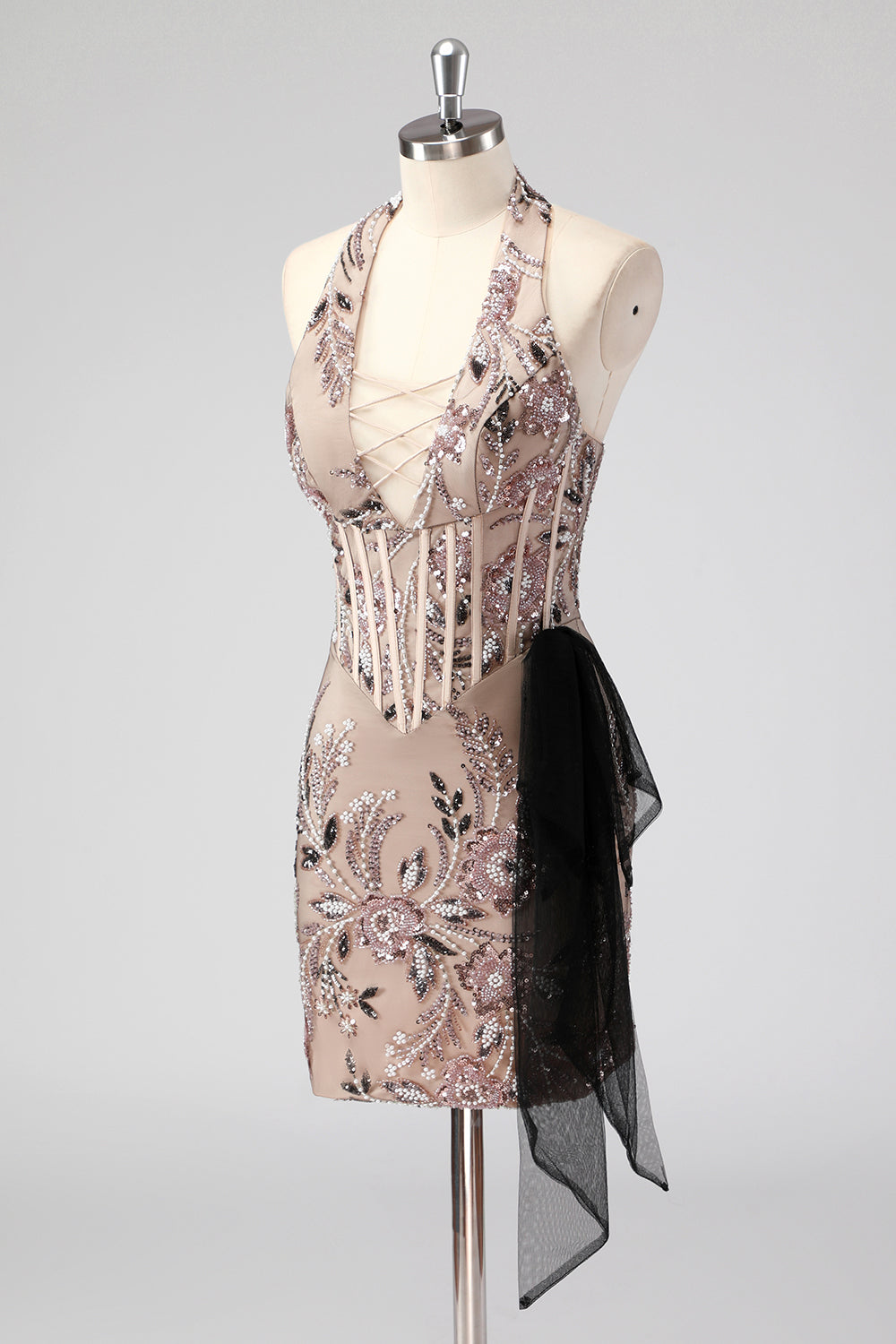 Glitter Halter Rodnande Korsett Snäva Applikationer Kort Cocktailklänning med Beading