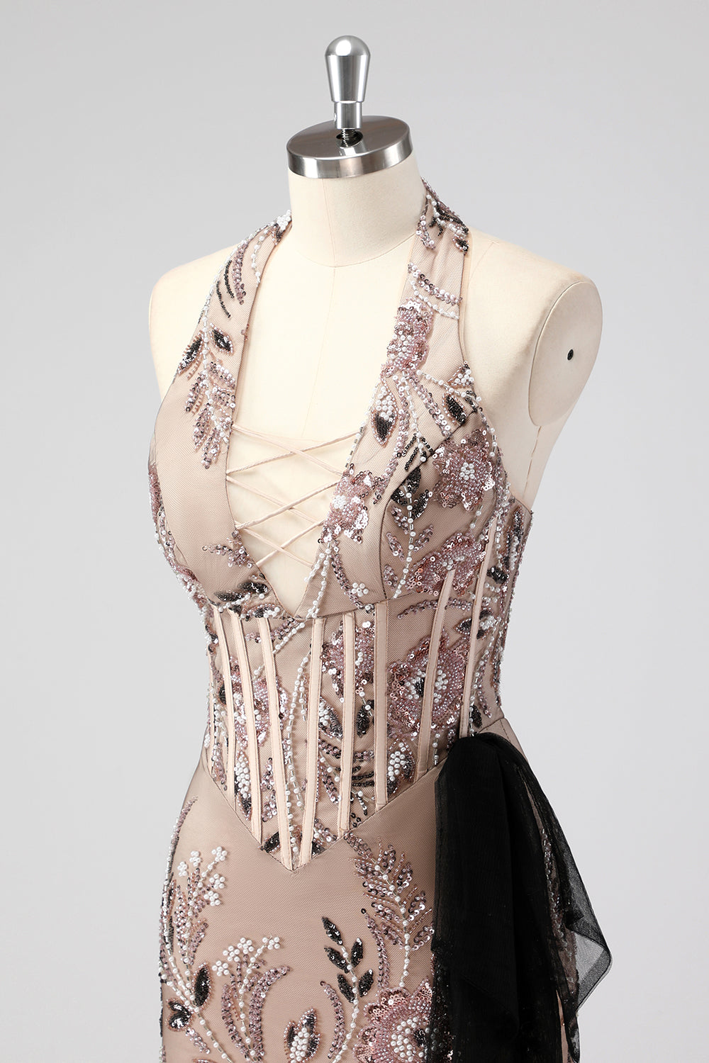 Glitter Halter Rodnande Korsett Snäva Applikationer Kort Cocktailklänning med Beading