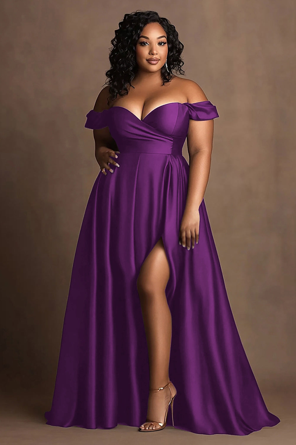 Plus Size Navy Off The Shoulder Satin Lång formell klänning med slits
