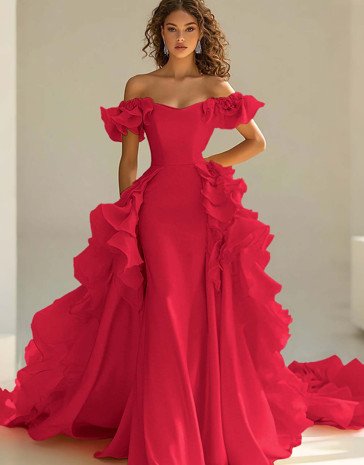 Gul Off The Shoulder Sjöjungfru Ruffles Satin Prom Klänning