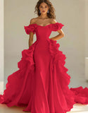 Gul Off The Shoulder Sjöjungfru Ruffles Satin Prom Klänning