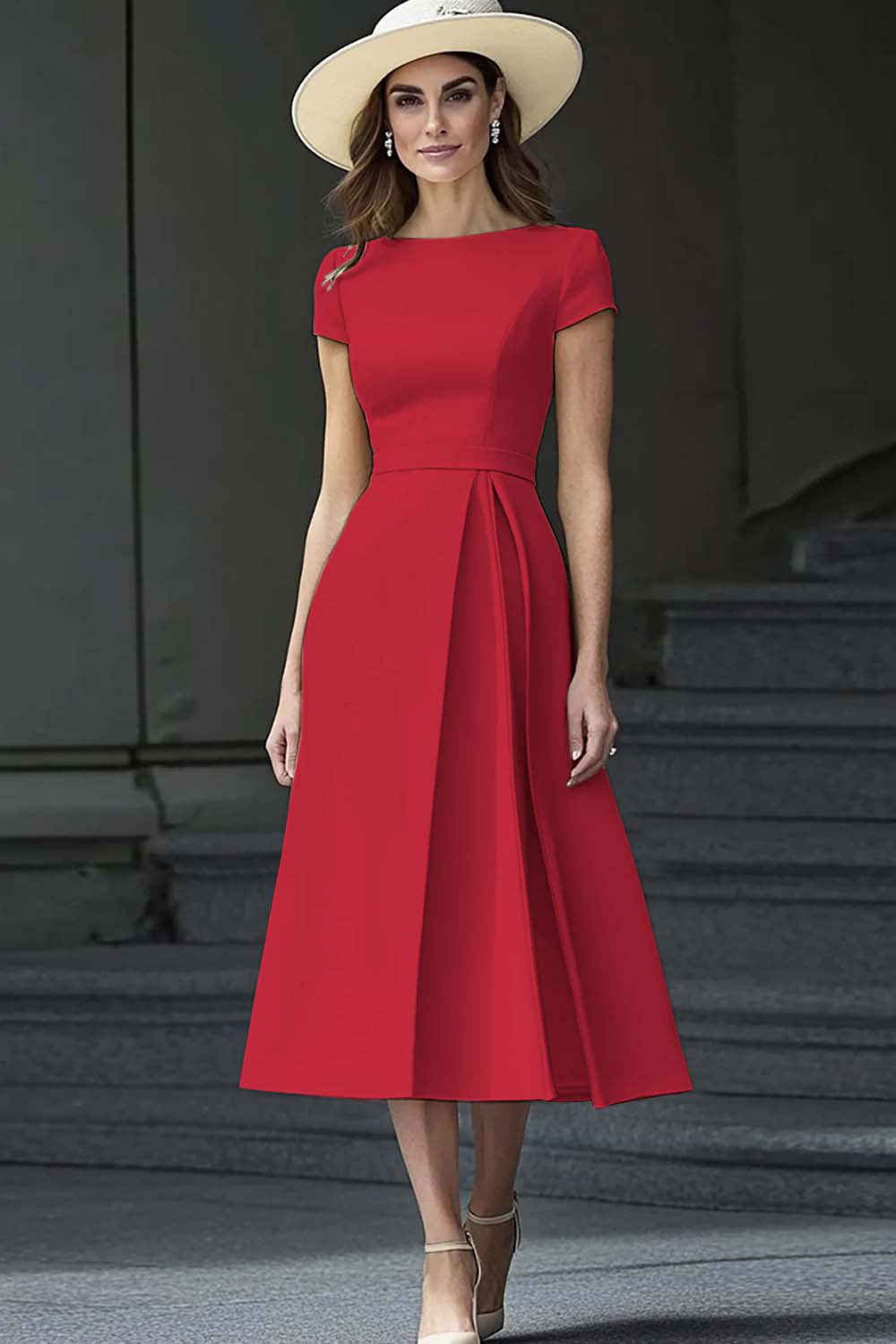 Påsklilja A Line Båt hals Vintage Satin Lång Arbetsklänning