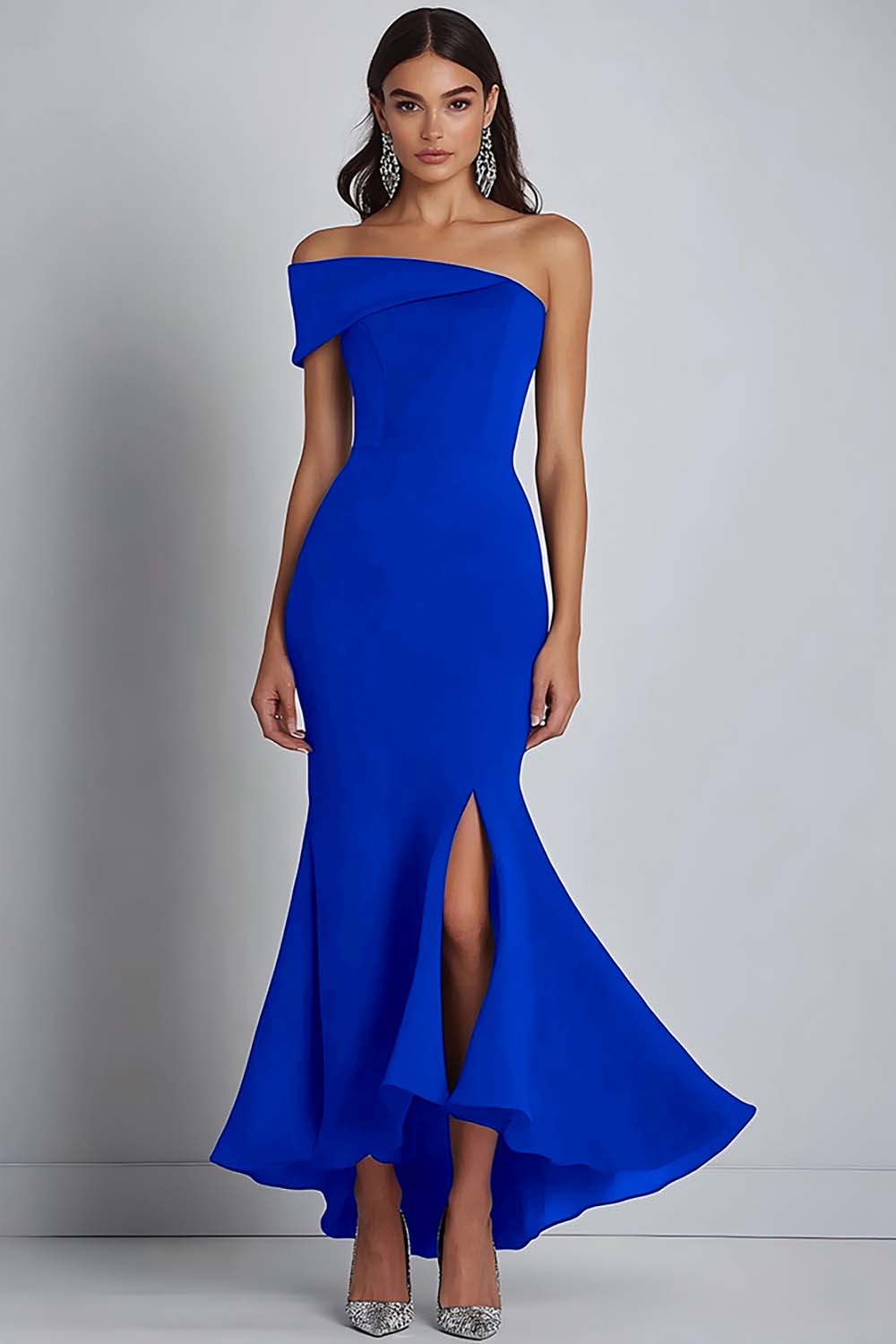 Navy Crepe One Shoulder Sheath Formell Klänning med slits
