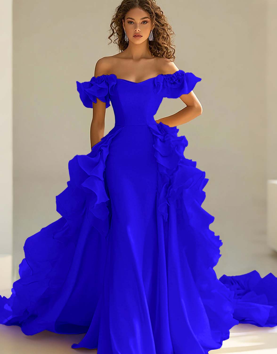 Gul Off The Shoulder Sjöjungfru Ruffles Satin Prom Klänning