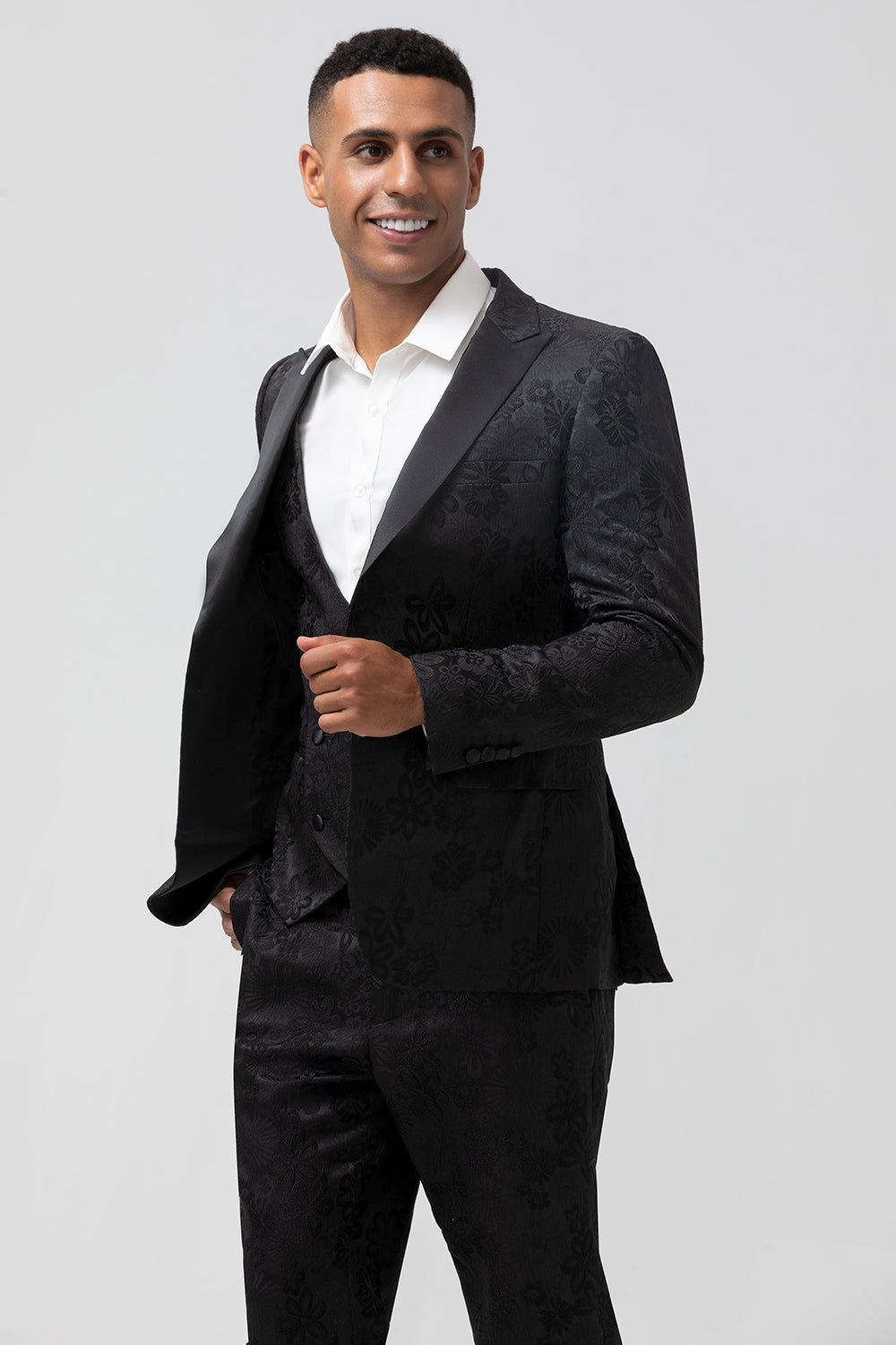 Mörkblå 3-delad topp kavajslag Jacquard One Button Mäns Baldräkter