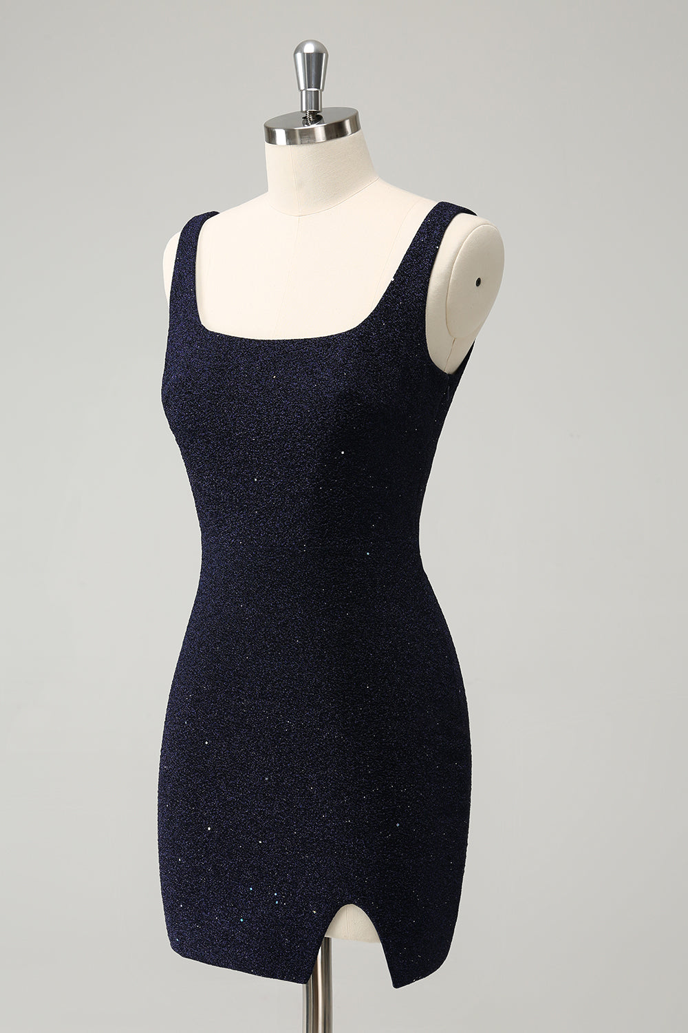 Glittrande Bodycon Fyrkantig hals Mini Mörkblå Homecoming Klänning Med Spalt
