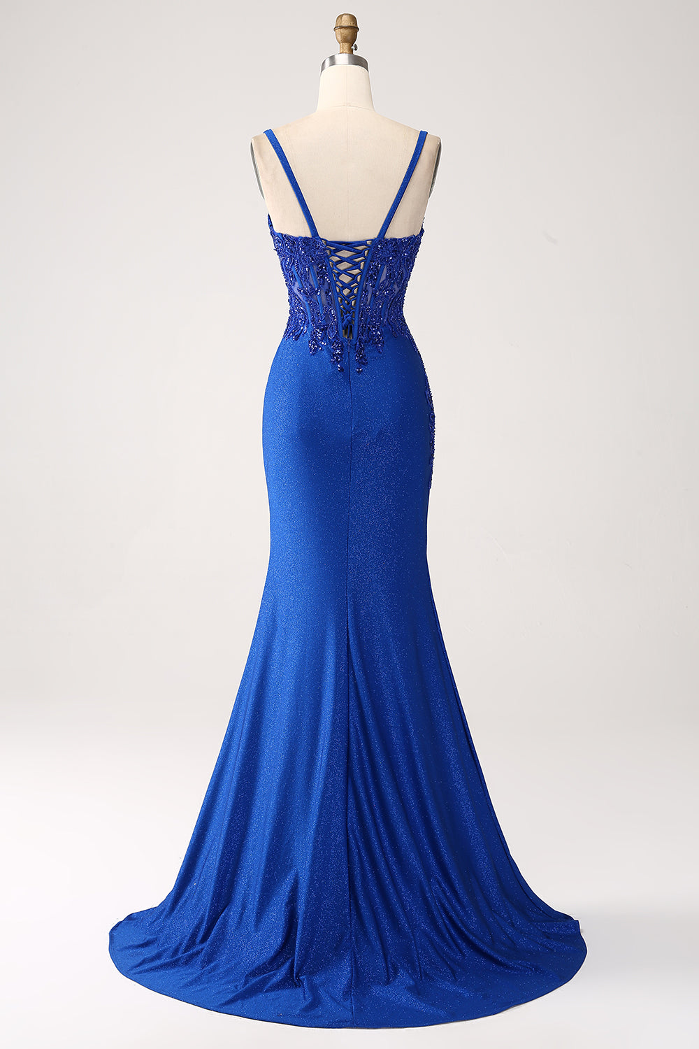 Glitter Royal Blue Mermaid Spaghetti Straps Lång Balklänning med applikationer