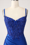 Glitter Royal Blue Mermaid Spaghetti Straps Lång Balklänning med applikationer