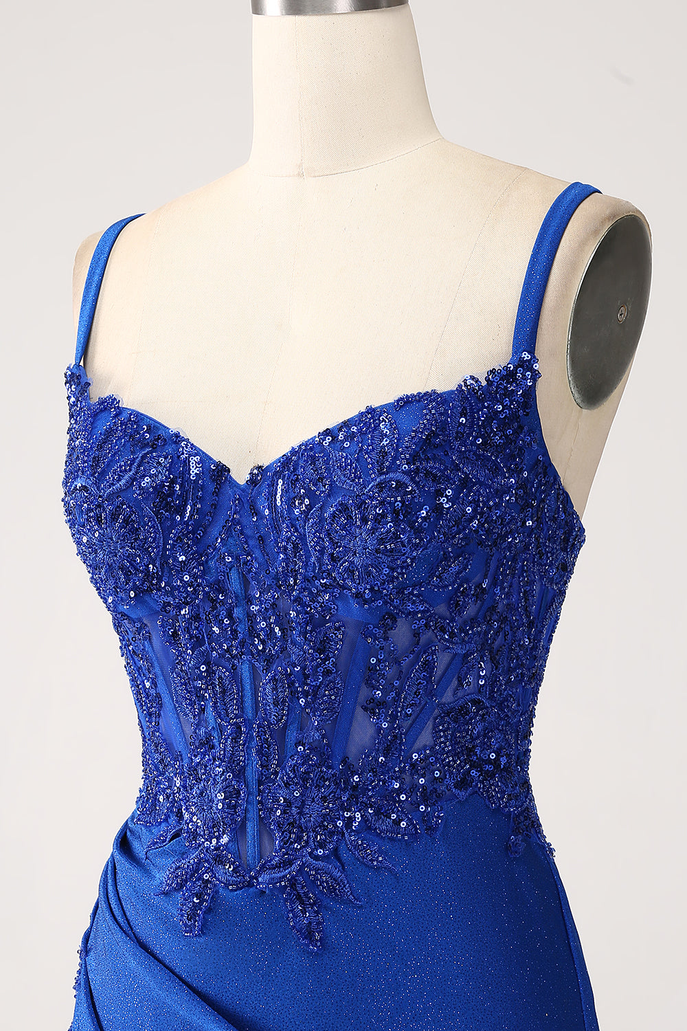 Glitter Royal Blue Mermaid Spaghetti Straps Lång Balklänning med applikationer