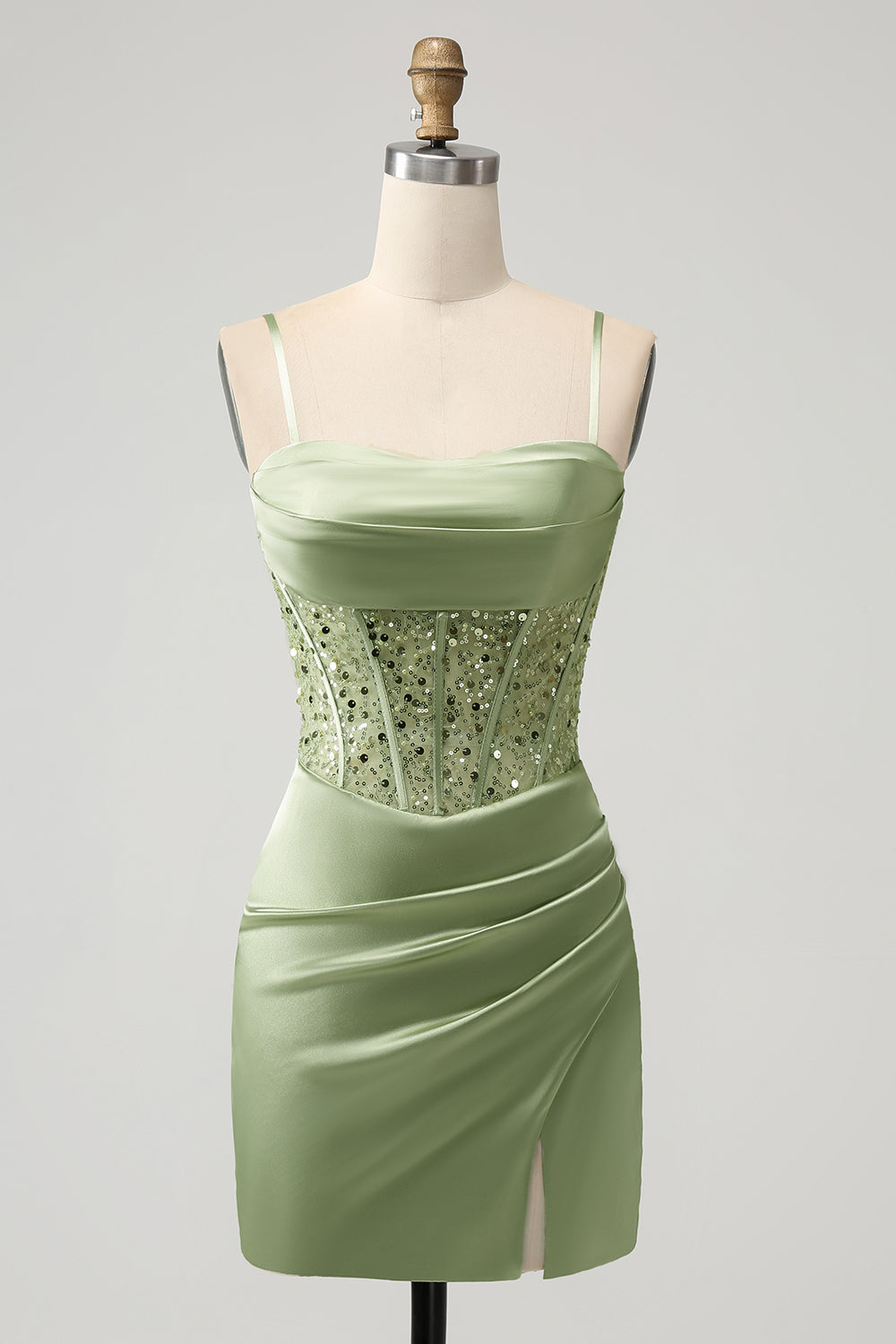 Glitter Sage Bodycon Paljetter Korsett Kort Homecoming Klänning med Slits