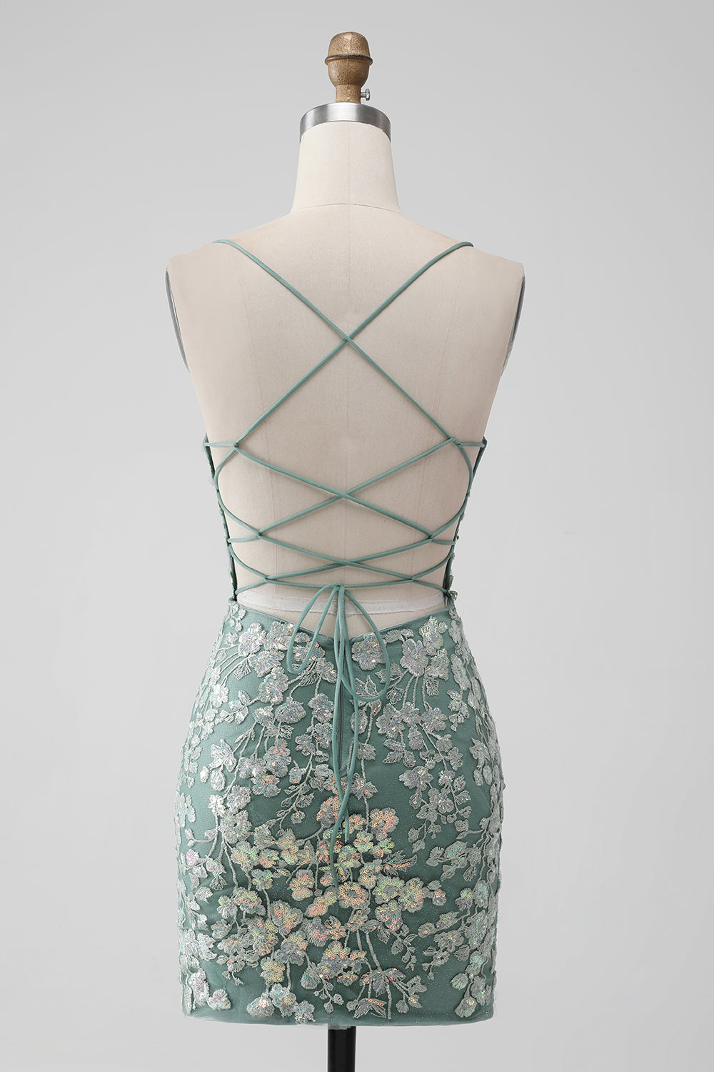 Grå Grön Bodycon Lace-up Back Kort Homecoming Klänning med paljetter Appliqued