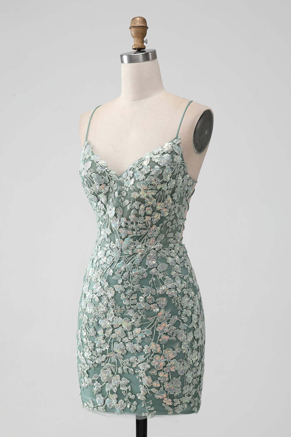 Grå Grön Bodycon Lace-up Back Kort Homecoming Klänning med paljetter Appliqued