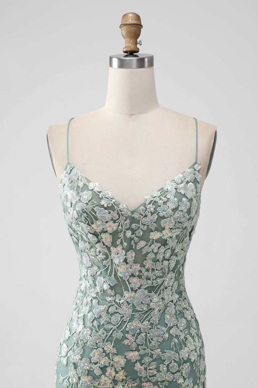 Grå Grön Bodycon Lace-up Back Kort Homecoming Klänning med paljetter Appliqued