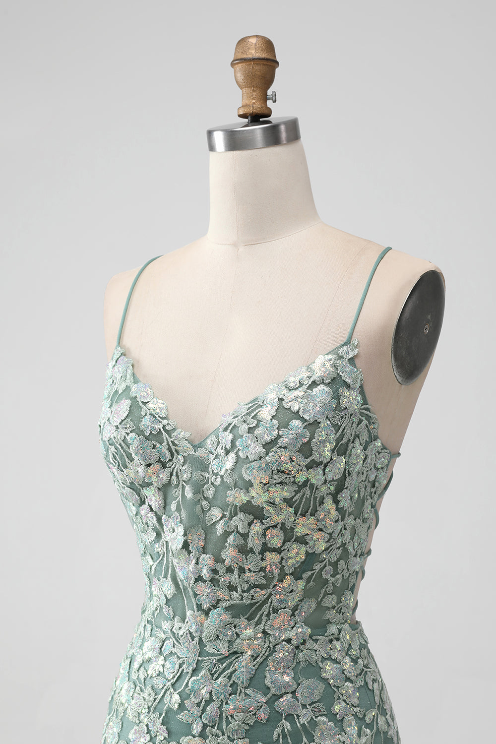 Grå Grön Bodycon Lace-up Back Kort Homecoming Klänning med paljetter Appliqued