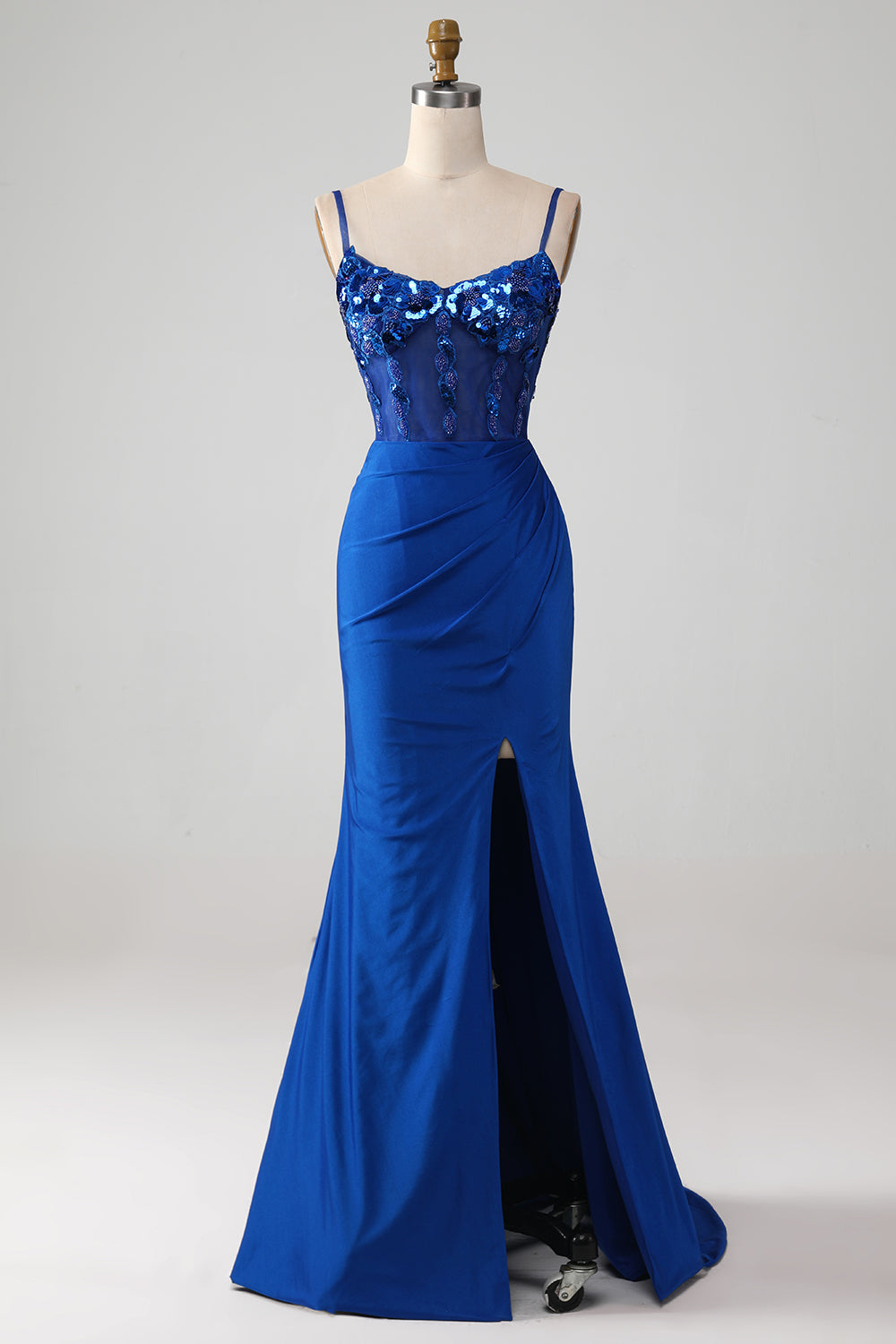 Pärlstav Royal Blue Corset Balklänning med slits